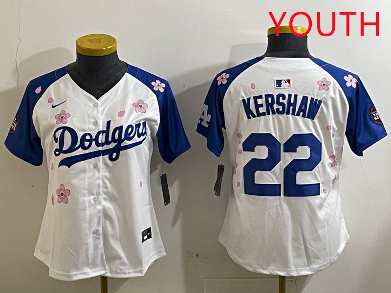 Youth Los Angeles Dodgers #22 Kershaw White Blue Sakura Edition 2025 Nike MLB Jersey style 1